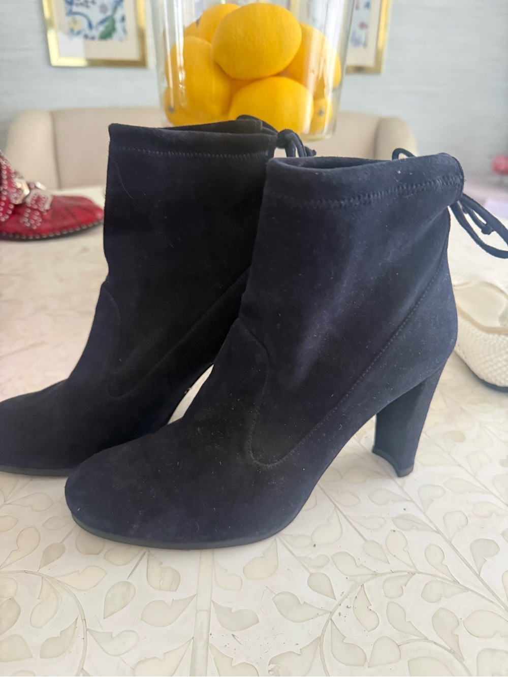 Stuart Weitzman Navy Suede Tie-Back Ankle Boots